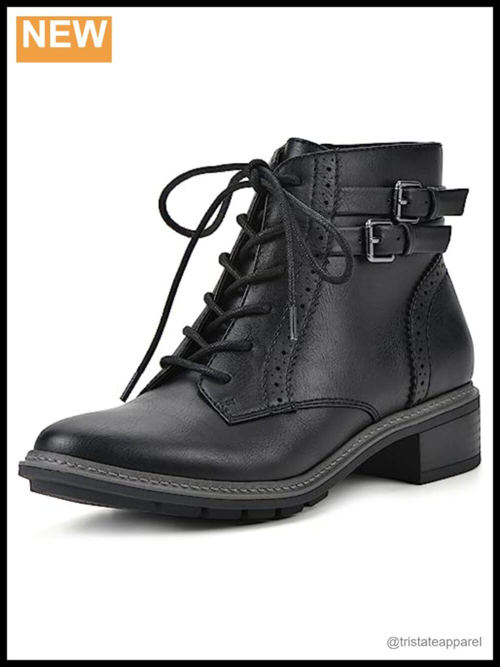 Elibeth Stacked Heel Lace-Up Ankle Bootie Double Buckle Cushioned Insole